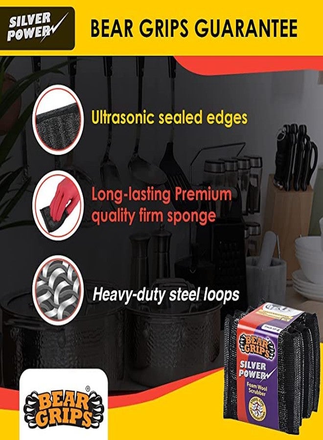 BEAR GRIPS Silver Power Foam Wool Scrubber with Steel Loops for Tough Oily Stains and Active Mesh Foam with Stain Splitter net Scrub for All Utensils Type Dish Washing - Combo Pack of 8 - Image 2